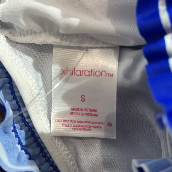 Juniors' Xhilaration Smocked Bandeau Bikini Top Blue Stripe Small bandeau swim - Picture 6 of 8